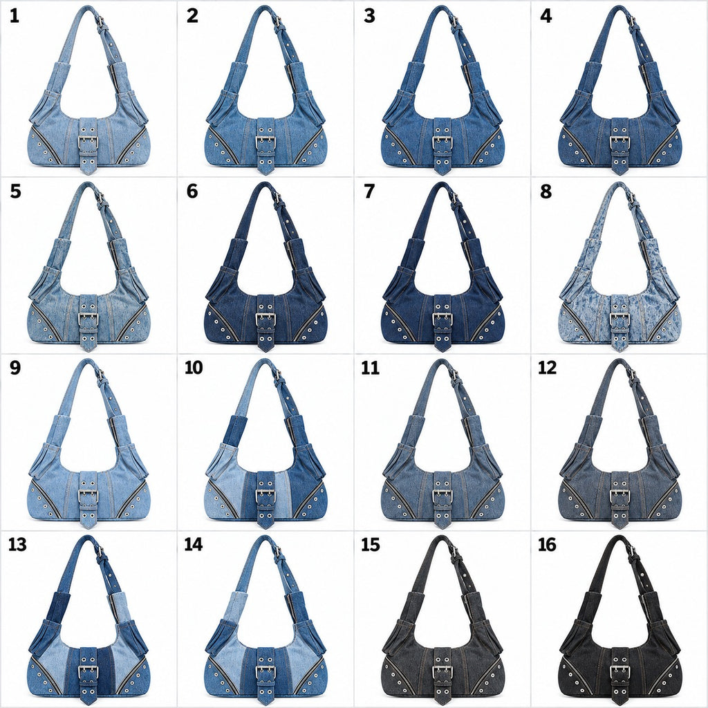 Upcycled Denim Zip Buckle Shoulder Bags in mix sizes and colours,Grade A/B.
