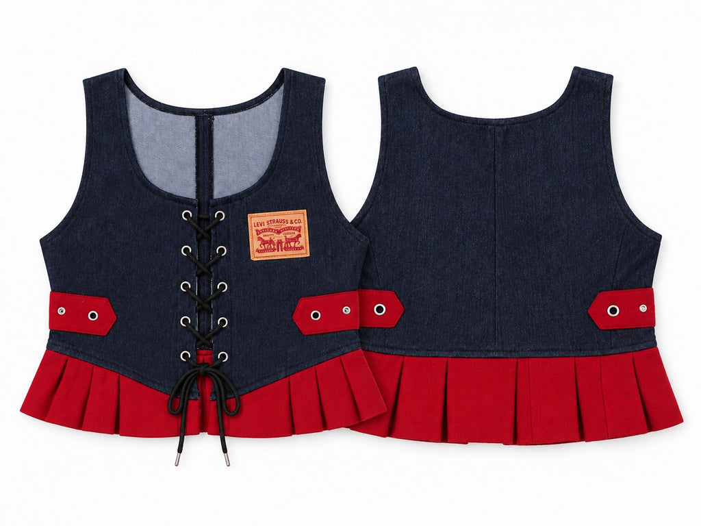 Upcycled Levi's Lace-up Pleated Denim Vests in mixed Colours. Grade A/B.