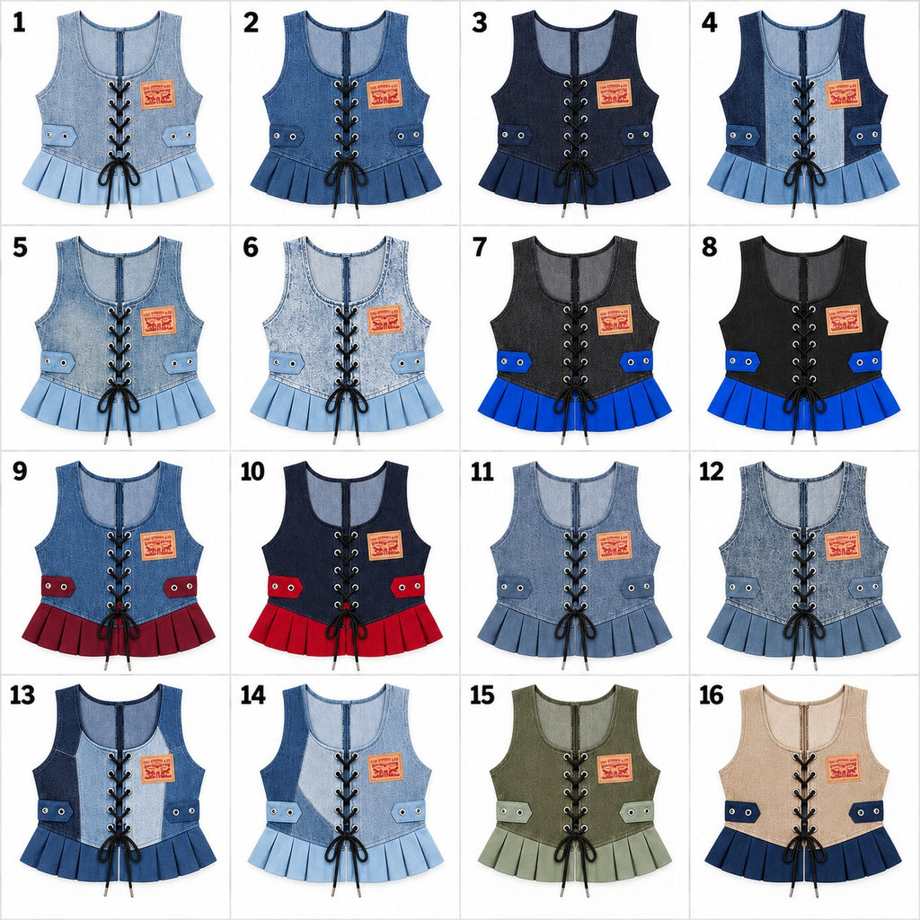 Upcycled Levi's Lace-up Pleated Denim Vests in mixed Colours. Grade A/B.