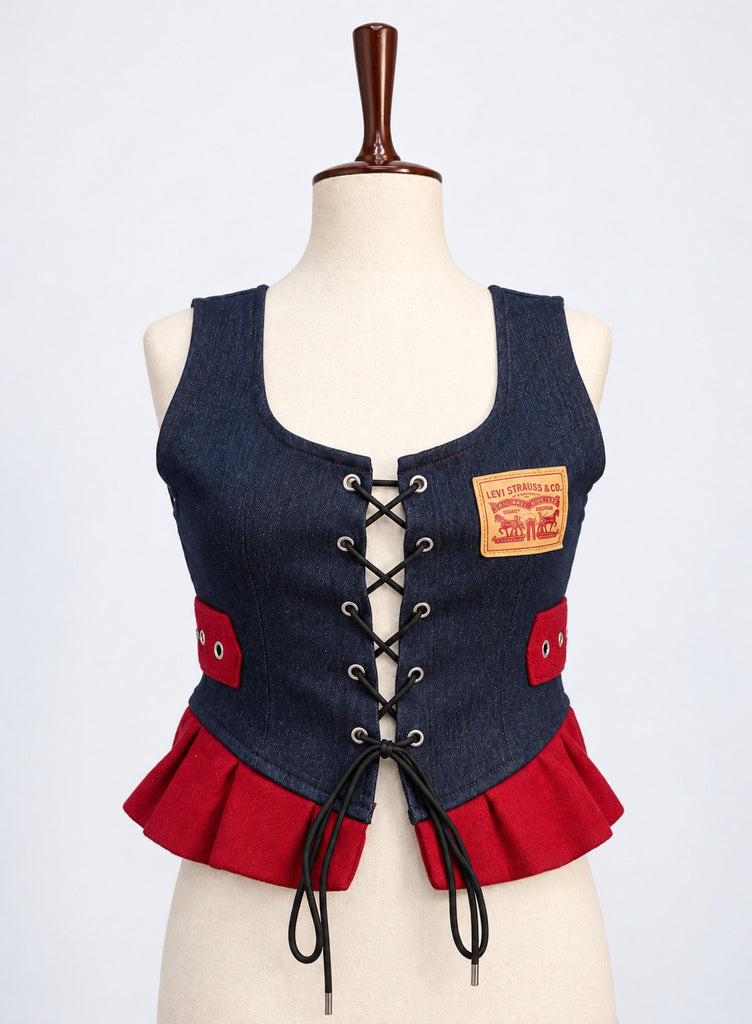 Upcycled Levi's Lace-up Pleated Denim Vests in mixed Colours. Grade A/B.