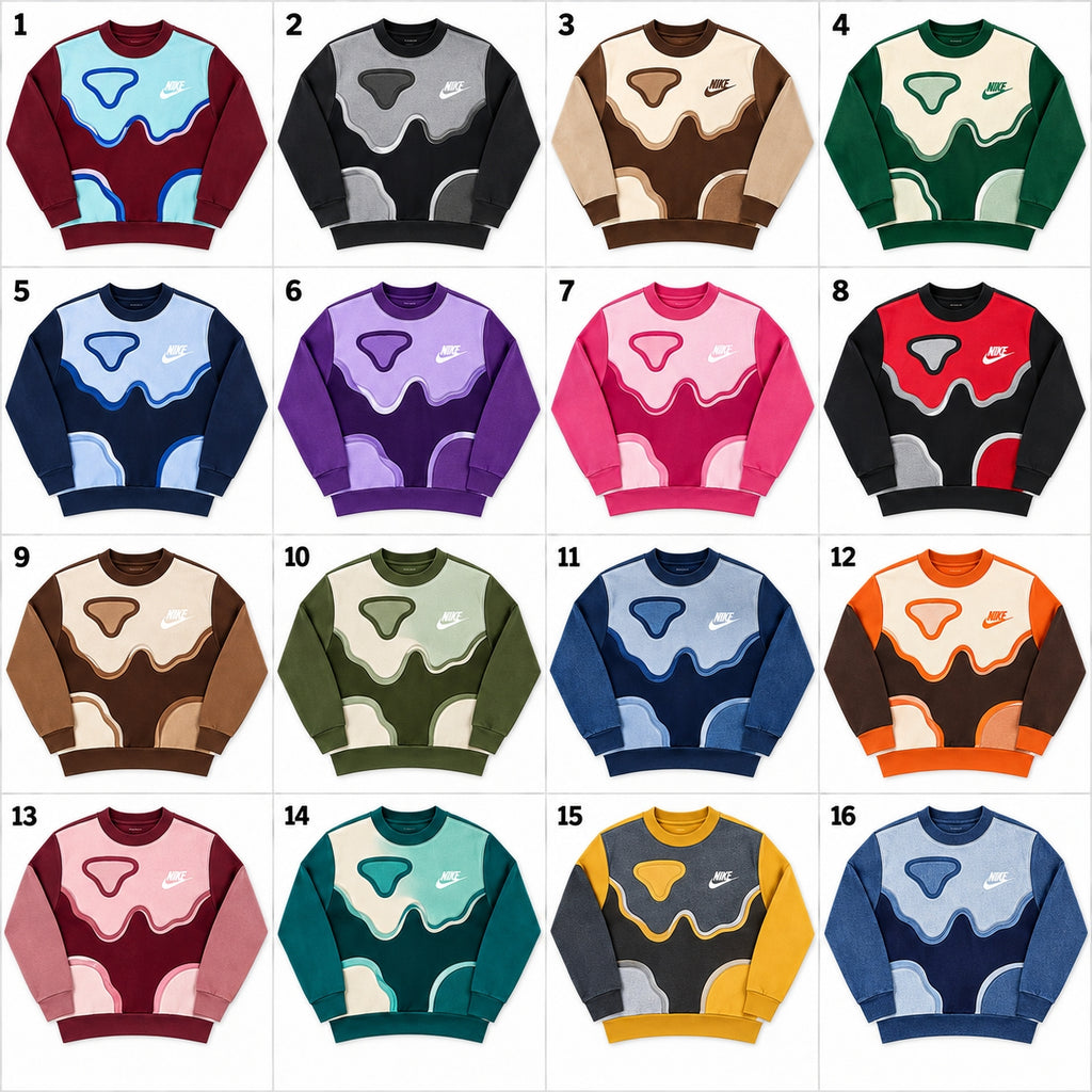Upcycled Nike Abstract Wave Panel Crewneck Sweatshirts in mixed sizes and colours, Grade A/B.