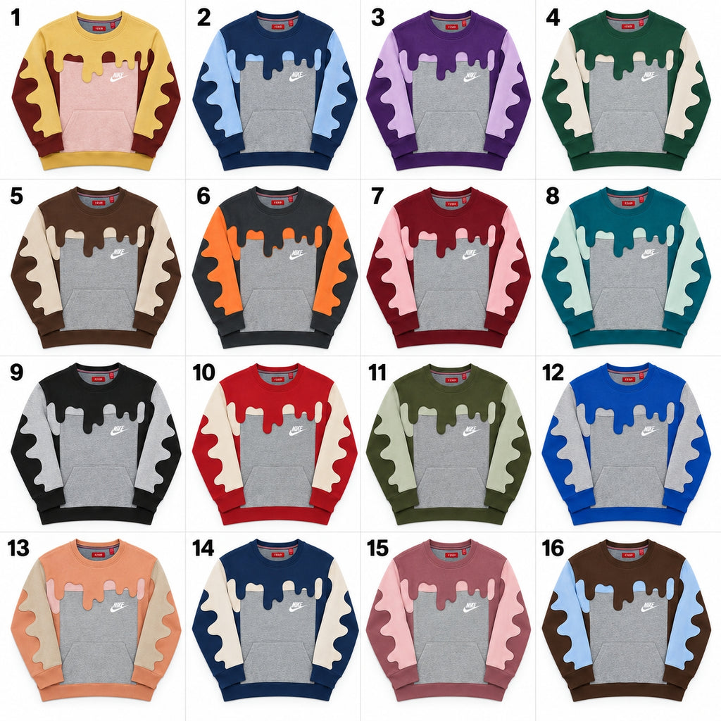  Upcycled Nike Flame-Panel Crewneck Sweatshirts in mixed sizes and colours, Grade A/B.
