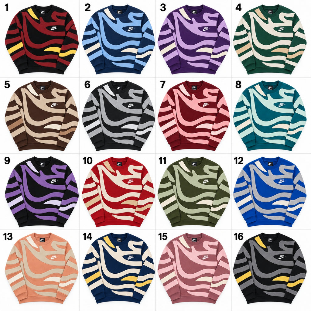 Upcycled Nike Abstract Flame-Panel Crewneck Sweatshirts in mixed sizes and colours, Grade A/B.