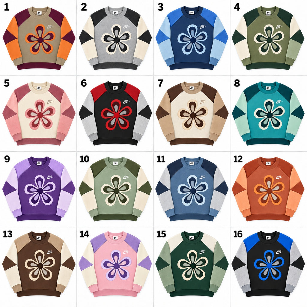 Upcycled Nike Floral Patchwork Crewneck Sweatshirts in mixed sizes and colours, Grade A/B.