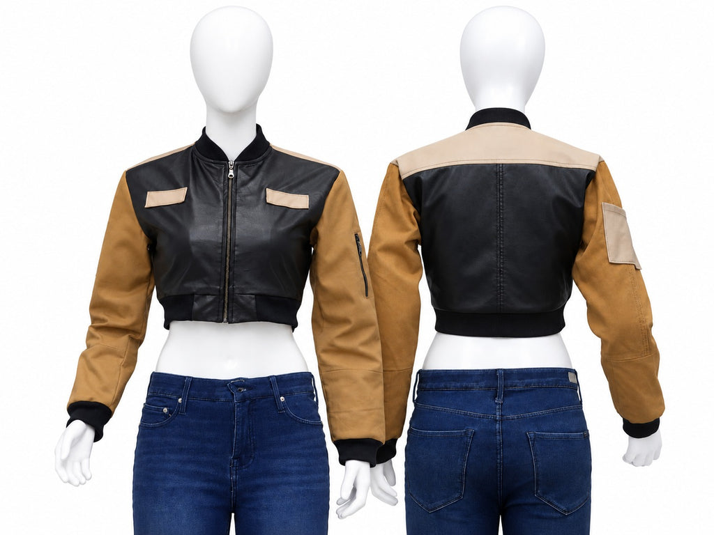 Upcycled Two-Tone Leather Panel Cropped Bomber Jackets in mixed sizes and colours, Grade A/B.
