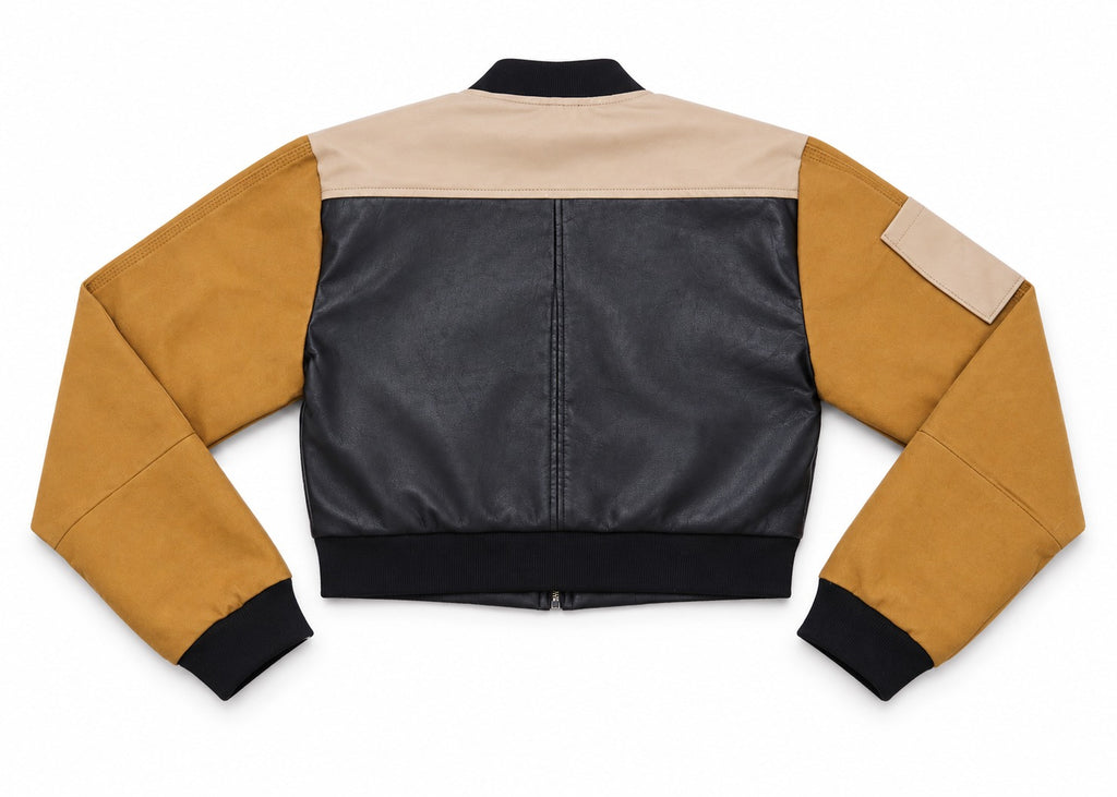Upcycled Two-Tone Leather Panel Cropped Bomber Jackets in mixed sizes and colours, Grade A/B.