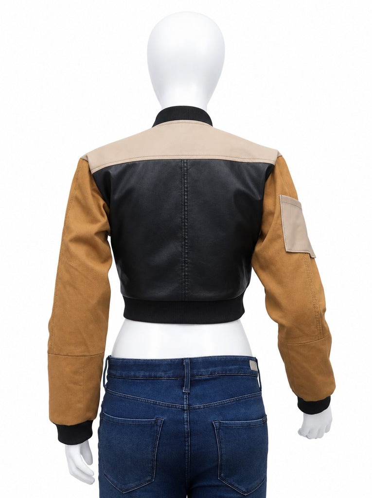 Upcycled Two-Tone Leather Panel Cropped Bomber Jackets in mixed sizes and colours, Grade A/B.