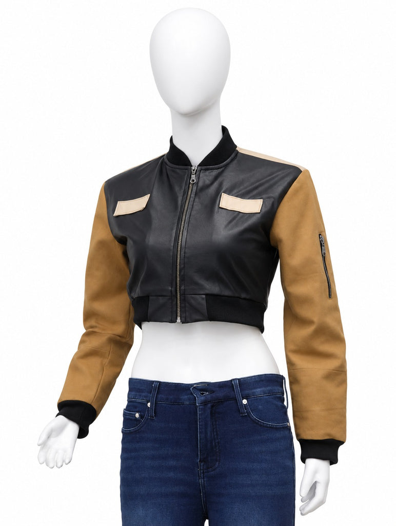 Upcycled Two-Tone Leather Panel Cropped Bomber Jackets in mixed sizes and colours, Grade A/B.