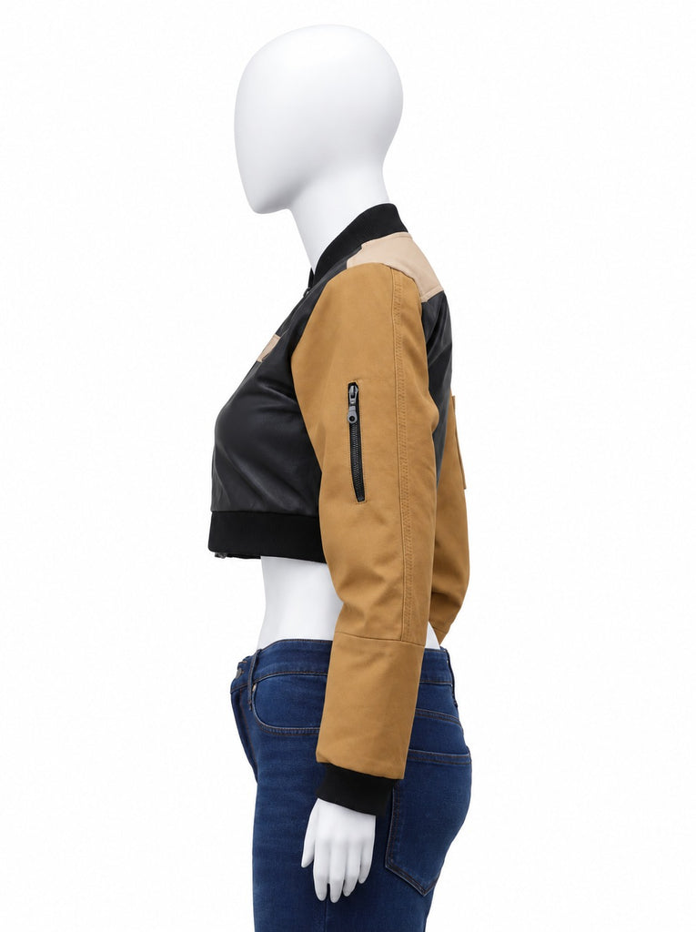 Upcycled Two-Tone Leather Panel Cropped Bomber Jackets in mixed sizes and colours, Grade A/B.