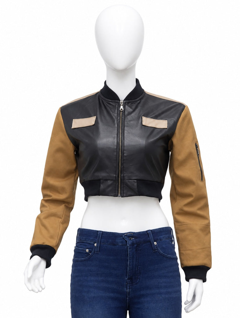 Upcycled Two-Tone Leather Panel Cropped Bomber Jackets in mixed sizes and colours, Grade A/B.