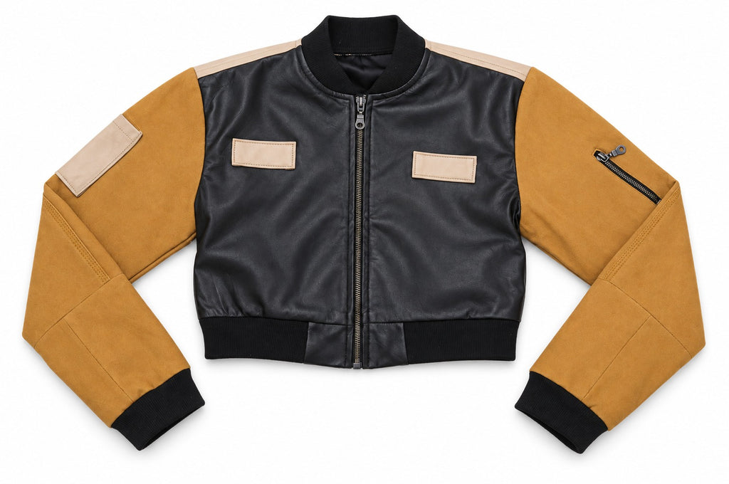 Upcycled Two-Tone Leather Panel Cropped Bomber Jackets in mixed sizes and colours, Grade A/B.