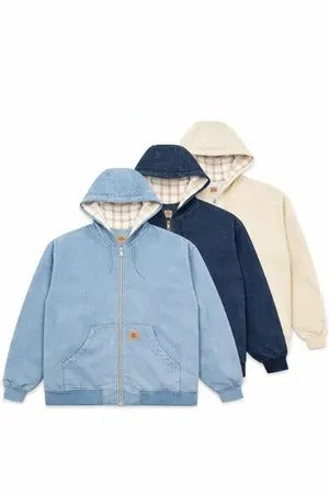 Upcycled Denim Hooded Zip-Front Jacketsin mixed sizes and colours, Grade A/B. 