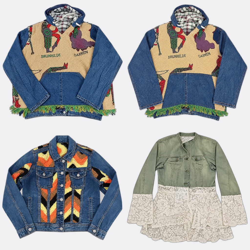 Upcycled Mixed Style Denim Jackets Bundle in mixed sizes and colours. Grade A/B/C.