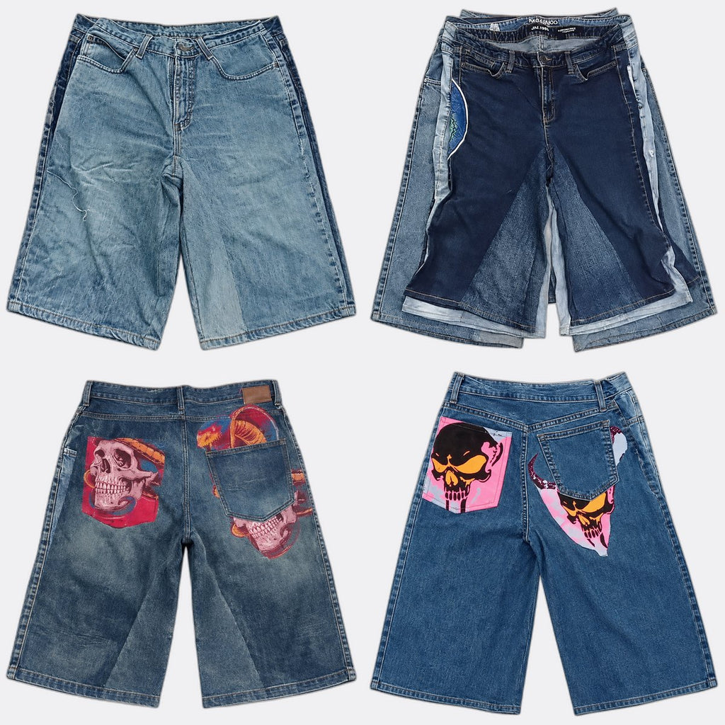 Upcycled Printed Denim Shorts Bundle in  mixed sizes and colours, Grade A/B/C.
