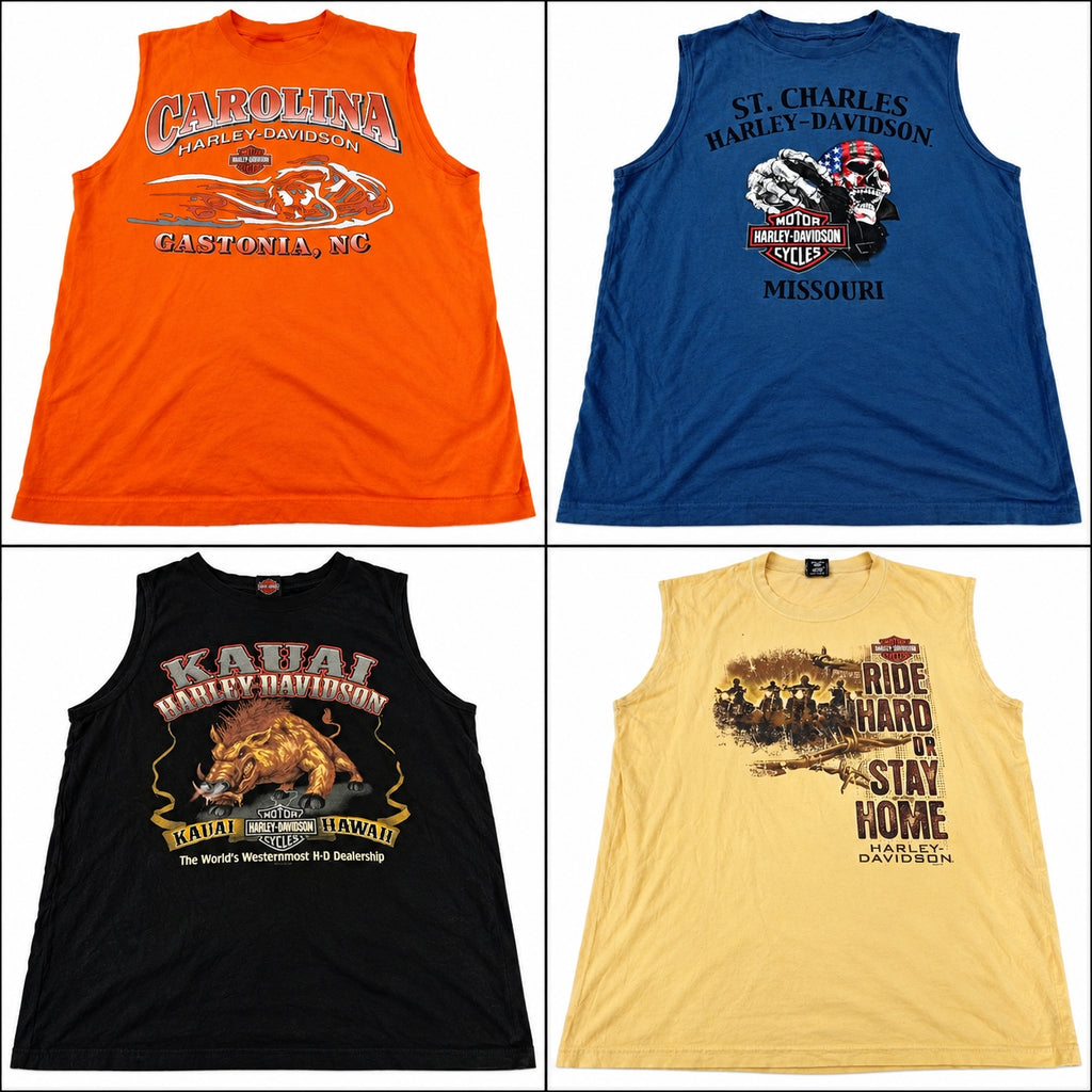 Vintage Harley Men Tank Tops Bundle  in mixed sizes and colours, Grade A/B/C.