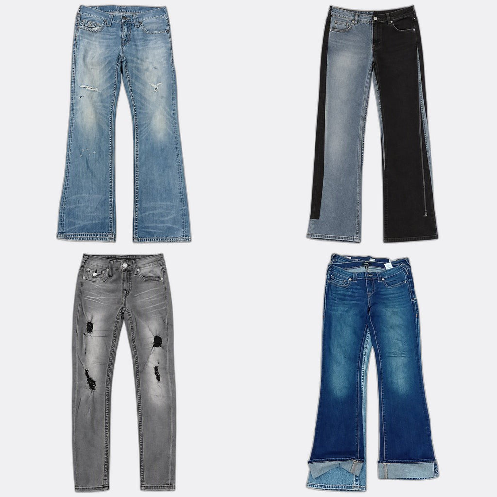  Vintage True Religion Flare and Straight Jeans  in mixed sizes and colours, Grade A/B/C.