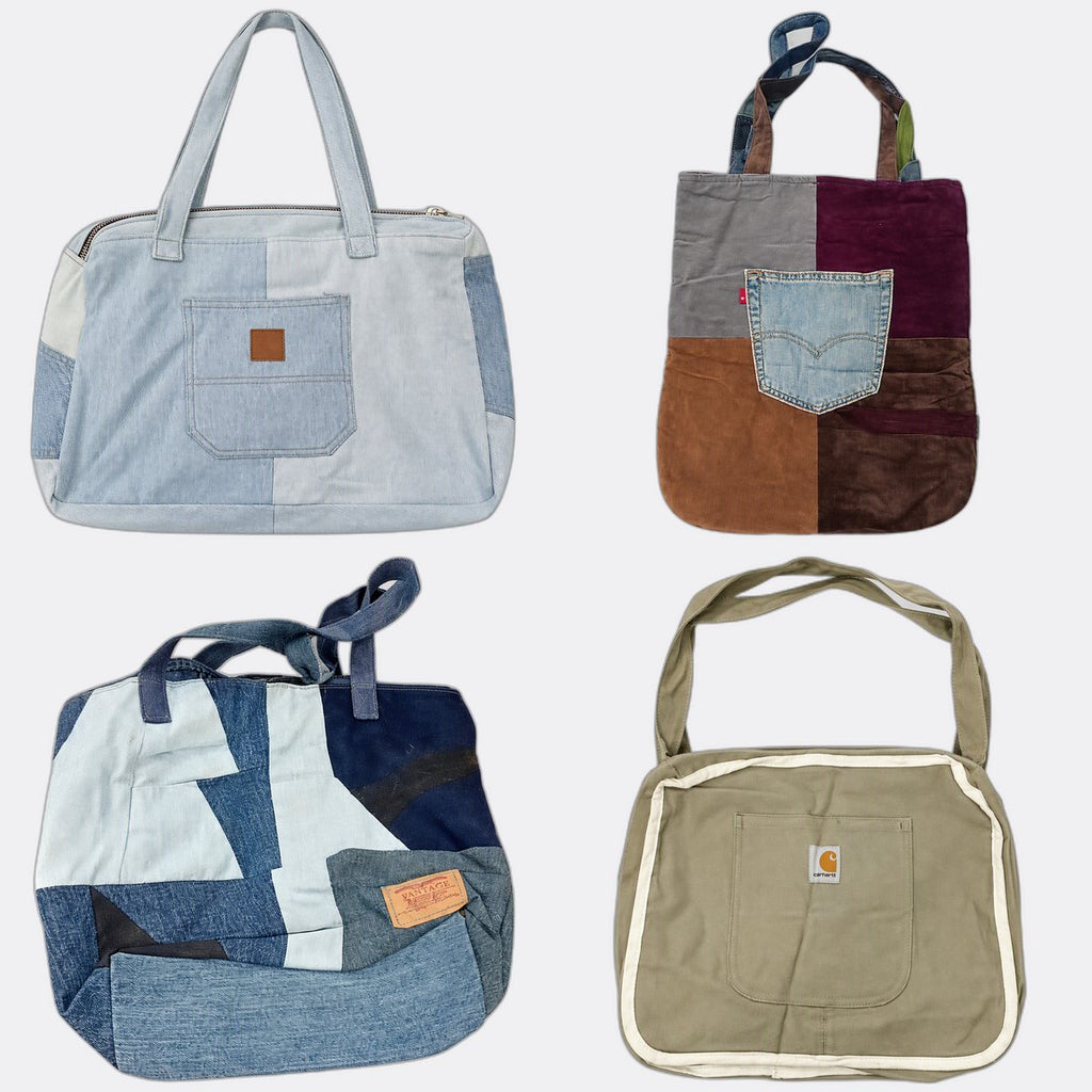 Upcycled Carhartt and Levi's Mix Style Bags  in mixed sizes and colours, Grade A/B/C.