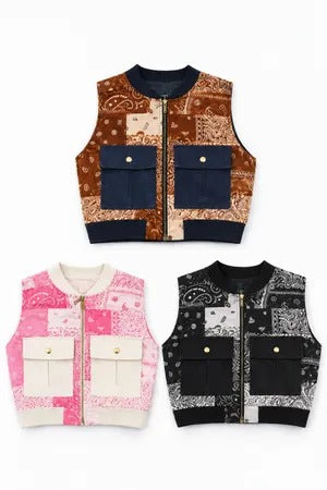 Upcycled Bandana Patch Utility Vests in mixed sizes and colours, Grade A/B.