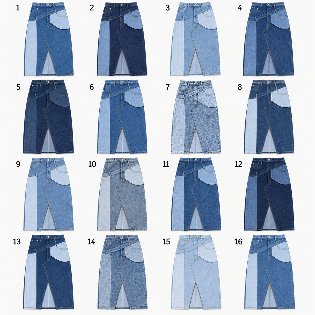 CR2293 UPCYCLED TWO-TONE ASYMMETRIC DENIM MAXI SKIRT
