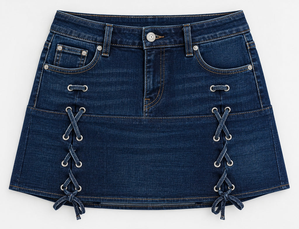 CR2277 UPCYCLED LACE-UP DENIM MINI SKIRT