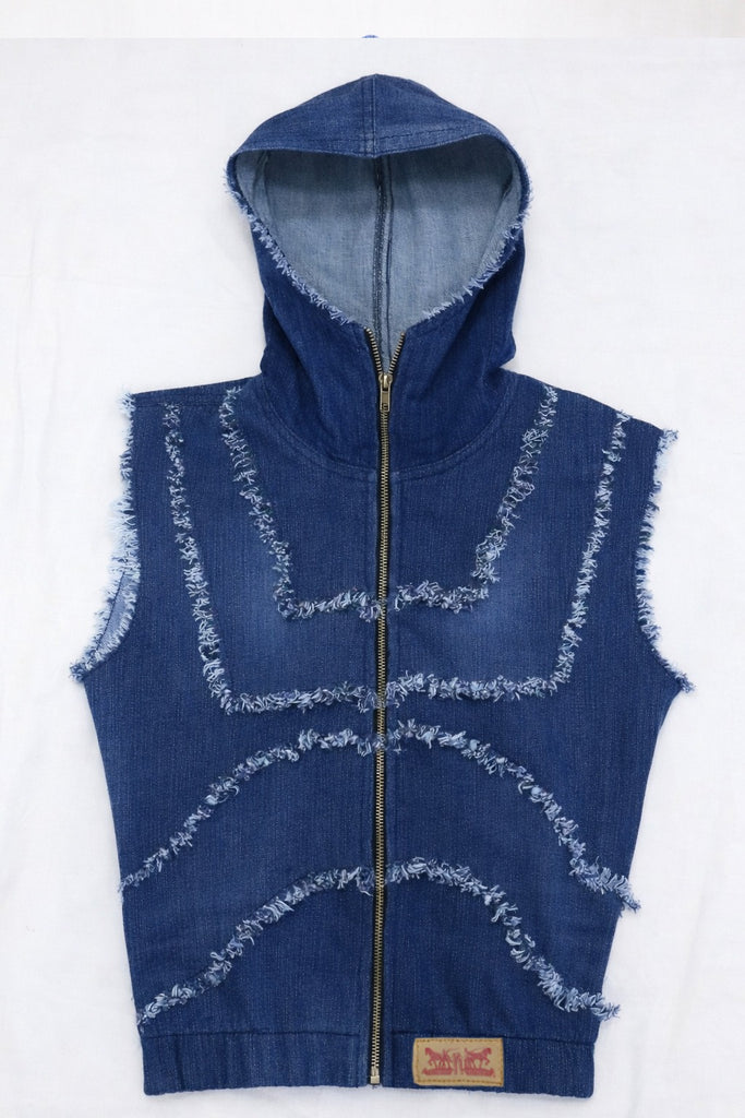 CR1386 Upcycled Raw Edge Denim Hooded Vest