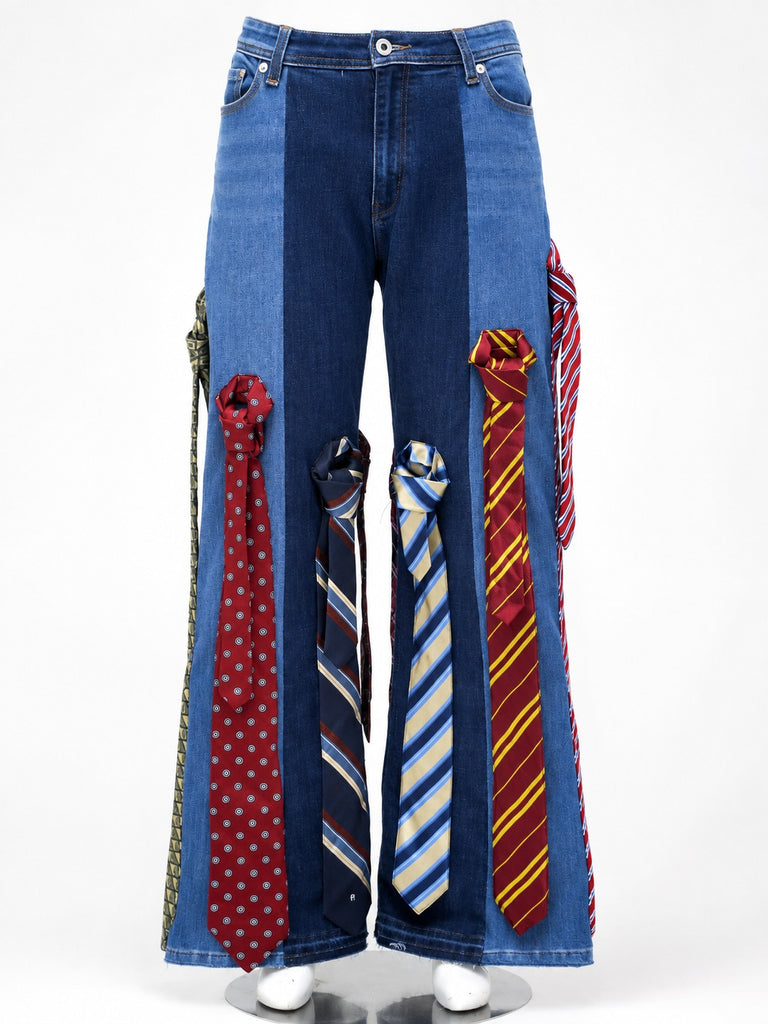 CR2194 UPCYCLED NECKTIE APPLIQUÉ FLARE DENIM JEANS