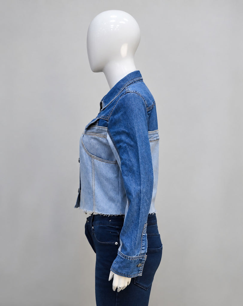 CR2254 UPCYCLED TWO-TONE DENIM CROP JACKET