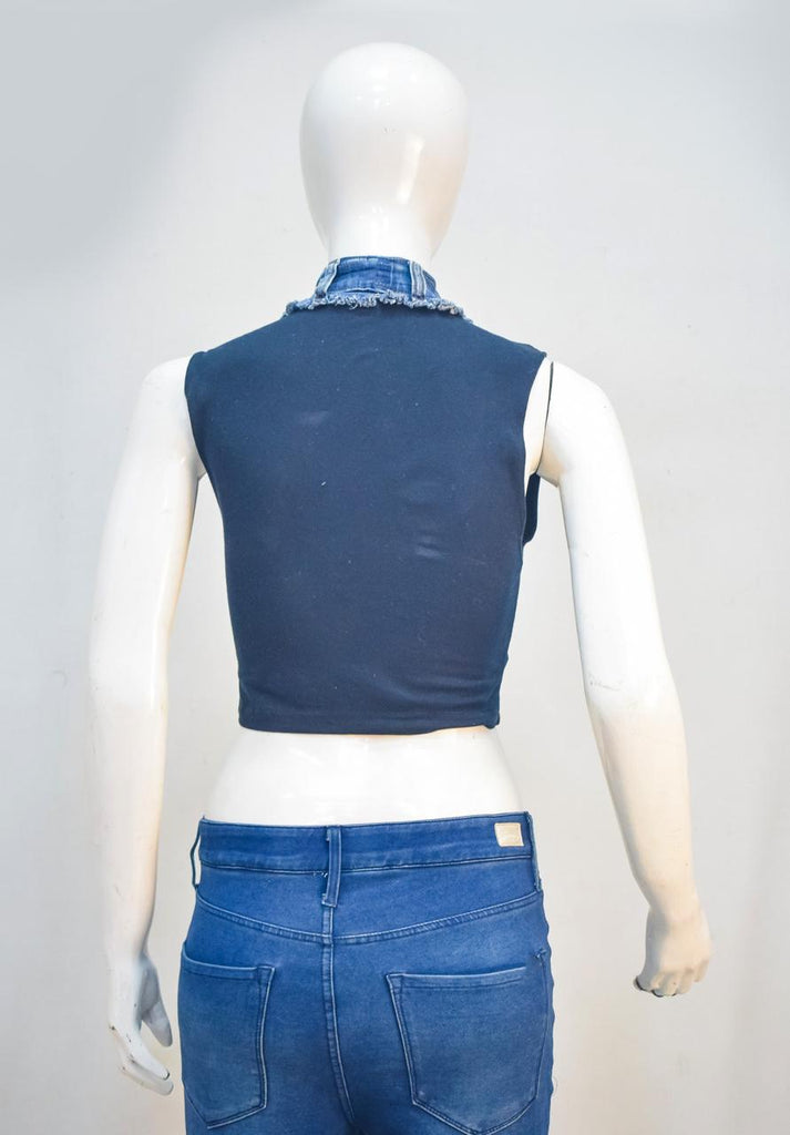 CR2275 UPCYCLED DENIM POCKET CROP TOP