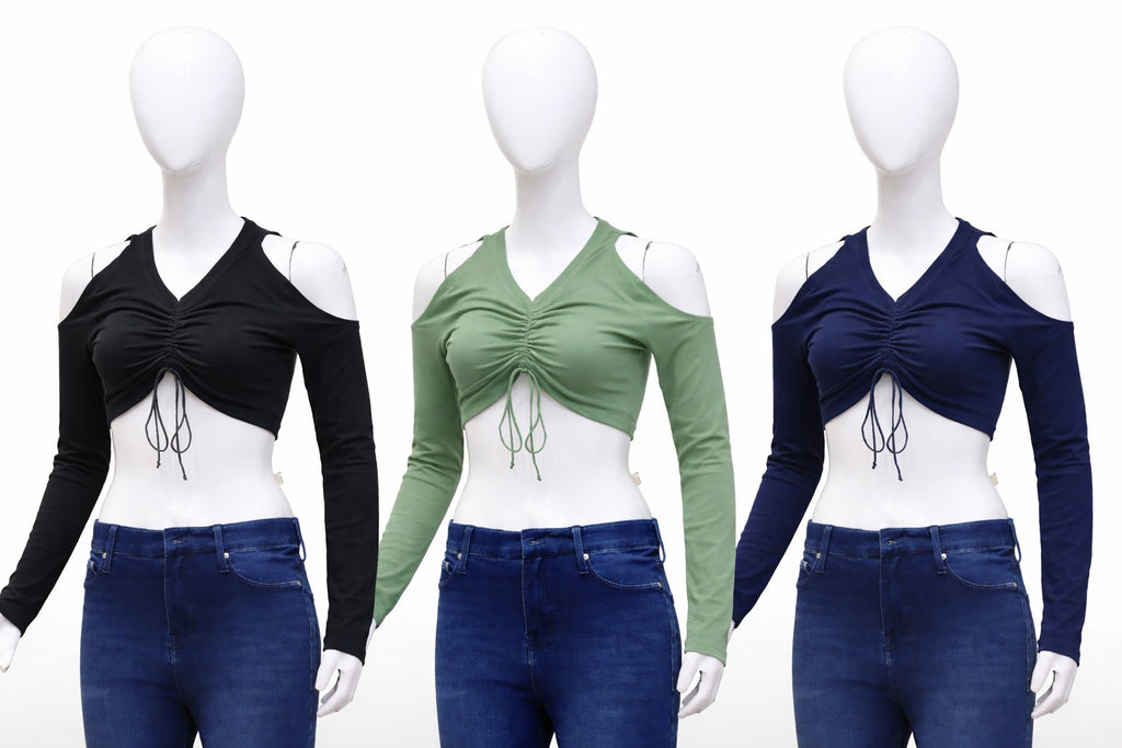 CR23 Ruched Cut-Out Crop Top – Off-Shoulder Tie Front Long Sleeve