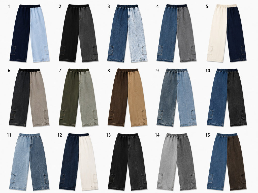 CR2223 UPCYCLED TWO-TONE DENIM WIDE-LEG PANTS
