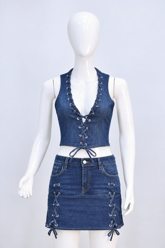 CR2278 UPCYCLED LACE-UP DENIM CO-ORD SET