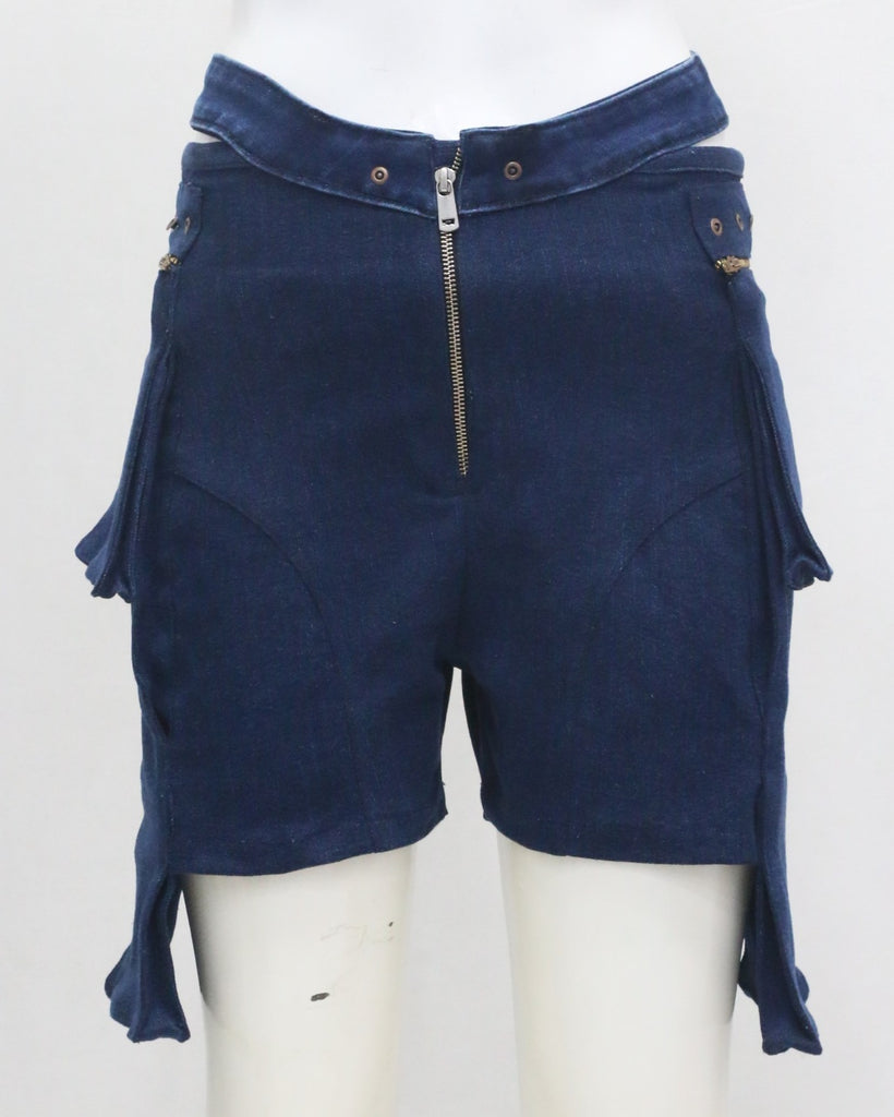 CR2195 UPCYCLED DENIM ZIP-FRONT TIE-SIDE MINI SHORTS