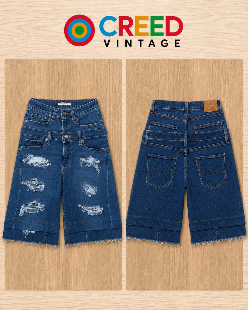 CR2211 UPCYCLED DOUBLE-WAIST DISTRESSED DENIM JORTS