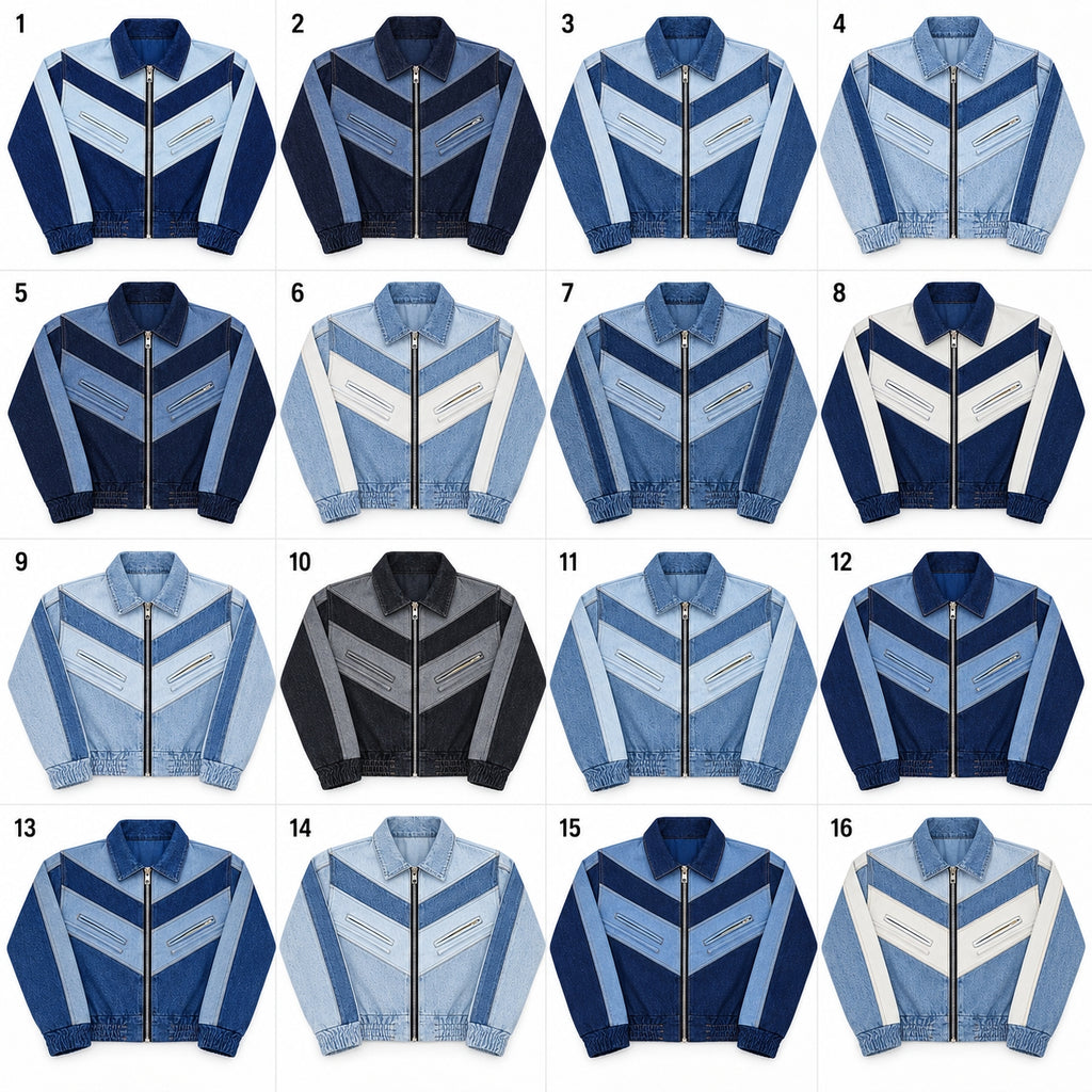 CR2301 UPCYCLED TWO-TONE CHEVRON DENIM ZIP JACKET
