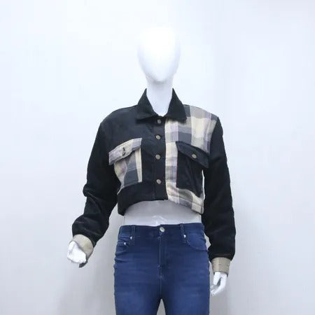 CR1172 Upcycled Plaid-Panel Crop Jacket