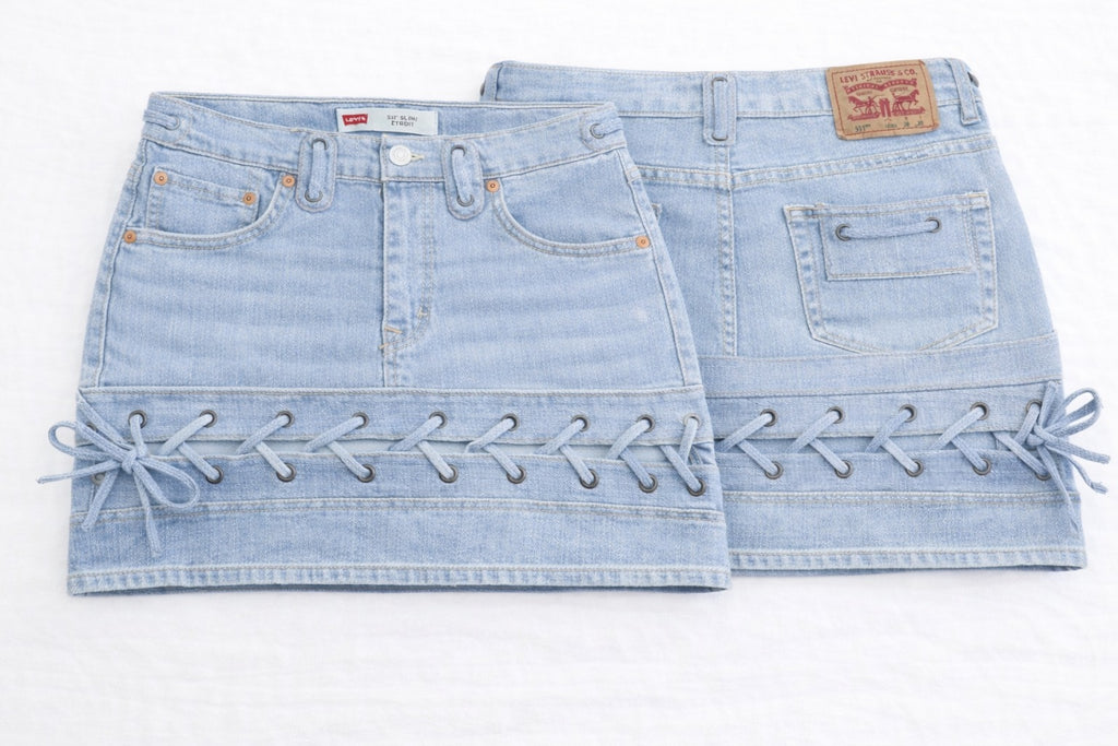 CR1393 Lace-Up Rework Denim Mini Skirt