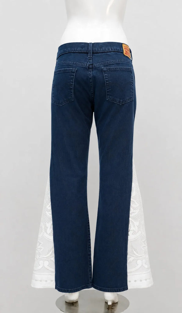 CR2220 UPCYCLED DENIM & LACE PANEL FLARE JEANS