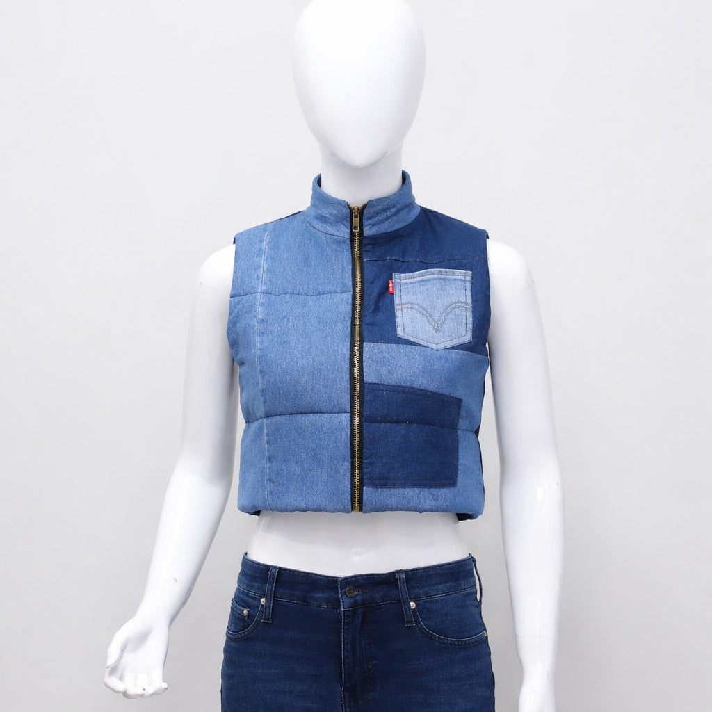 CR1417 Rework Two-Tone Denim Puffer Vest – Cropped Patchwork Style