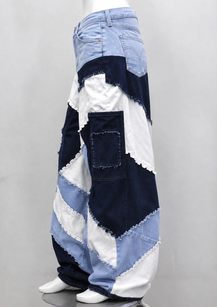 CR2205 UPCYCLED ABSTRACT PATCHWORK BAGGY DENIM JEANS
