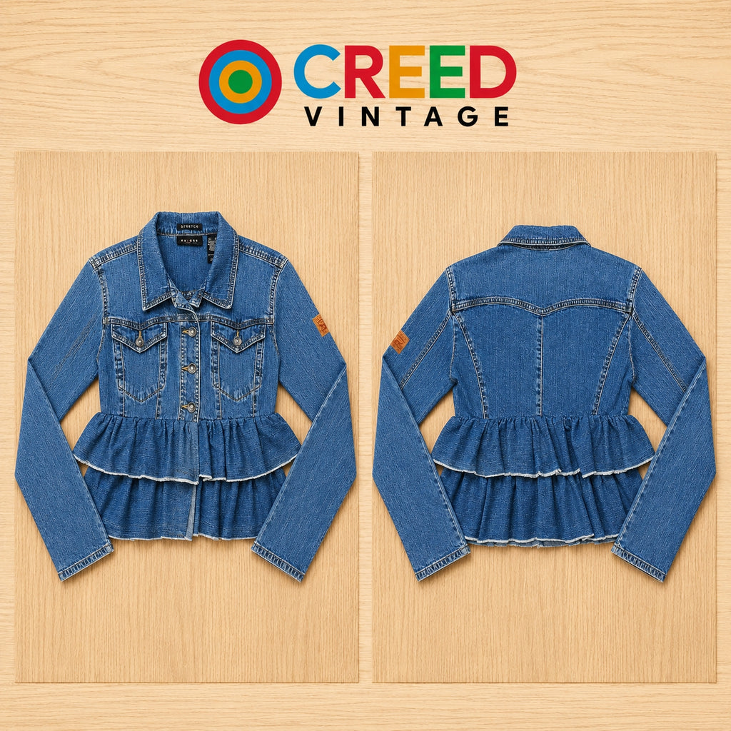CR2226 UPCYCLED LEVI’S DOUBLE-RUFFLE PEPLUM DENIM JACKET