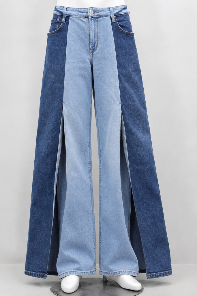 CR2202 UPCYCLED TWO-TONE DENIM PANEL WIDE-LEG JEANS