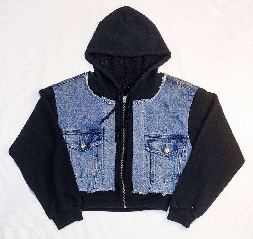CR2286 UPCYCLED DENIM PANEL ZIP HOODIE