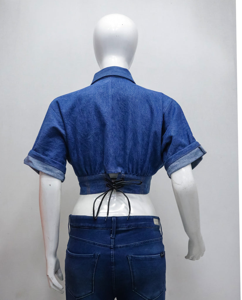 CR2218 UPCYCLED DENIM CROPPED ZIP BLOUSE