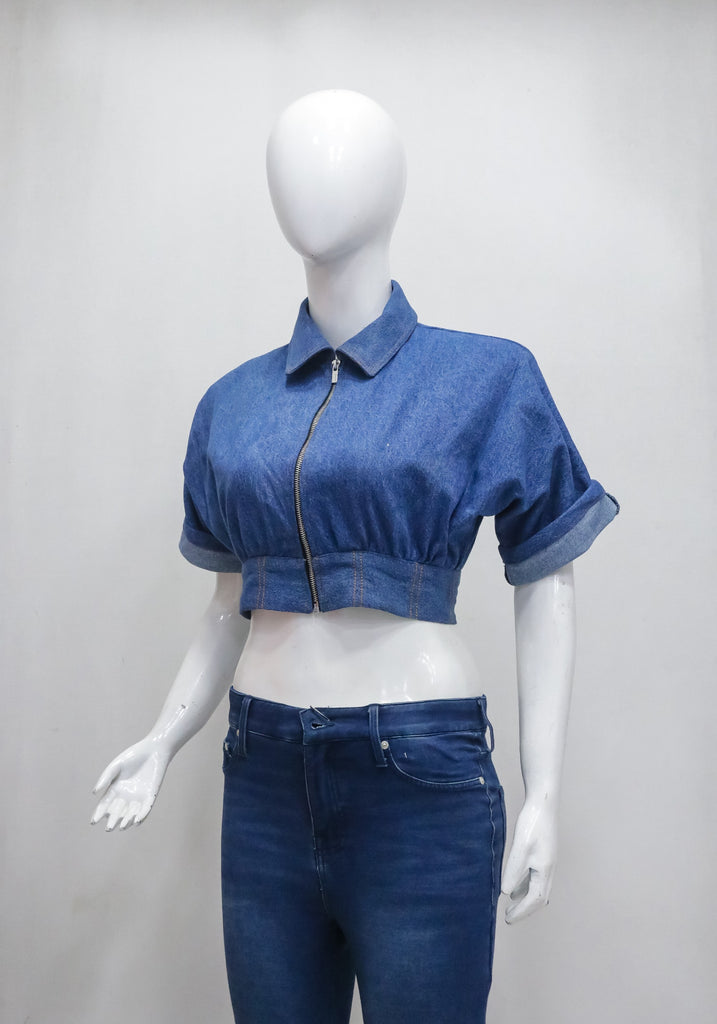 CR2218 UPCYCLED DENIM CROPPED ZIP BLOUSE