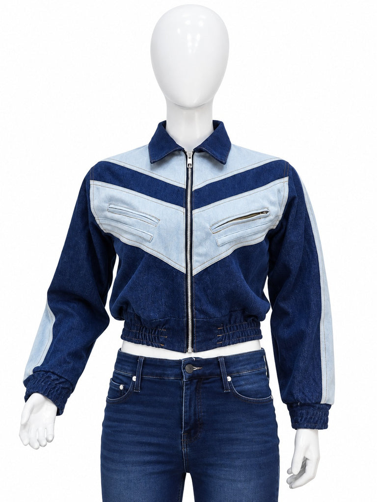 CR2301 UPCYCLED TWO-TONE CHEVRON DENIM ZIP JACKET