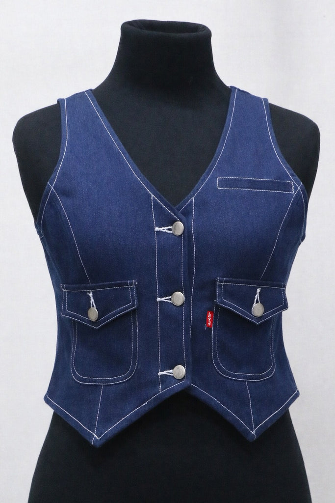 CR17 Women’s Denim Crop Vest – Button Front Sleeveless Waistcoat (Light & Dark Wash)
