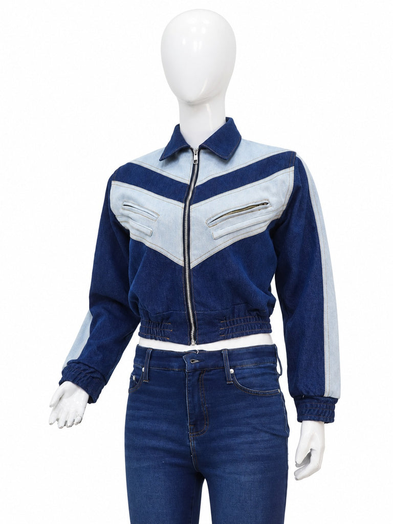 CR2301 UPCYCLED TWO-TONE CHEVRON DENIM ZIP JACKET