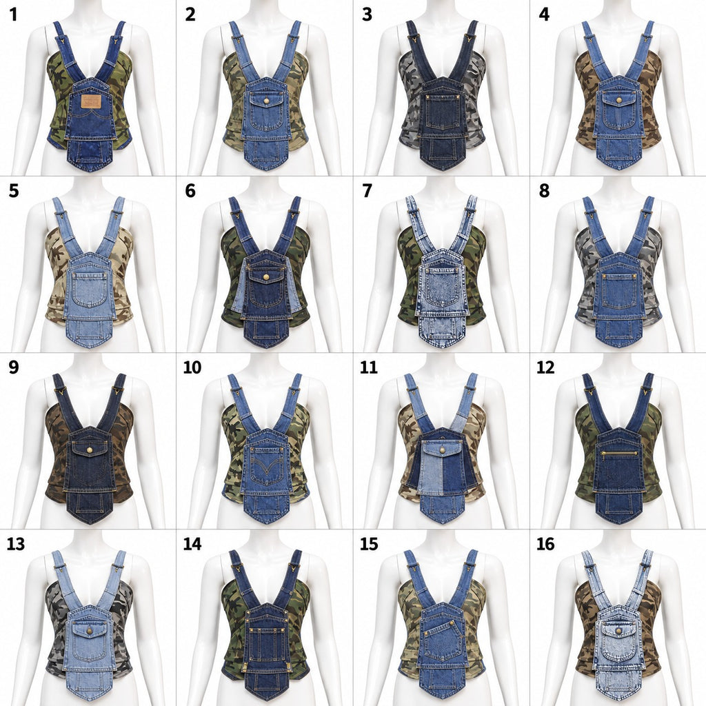 CR2300 UPCYCLED CAMO & DENIM OVERALL CORSET TOP