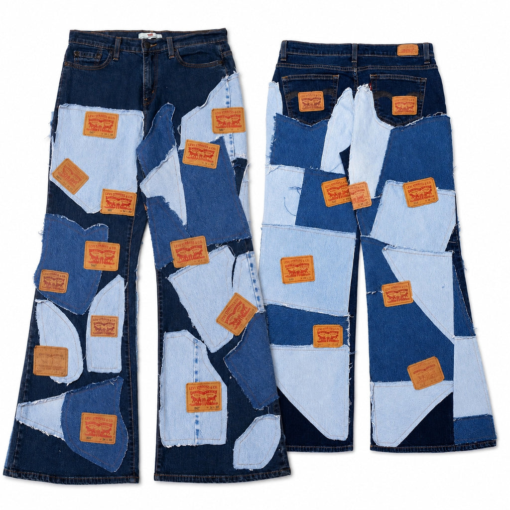 CR1976 UPCYCLED LABEL PATCHWORK WIDE-LEG JEANS