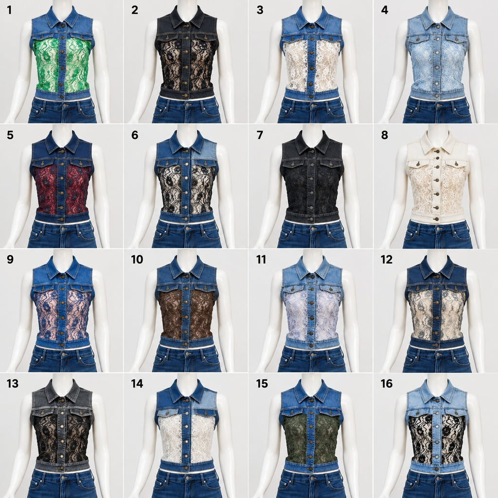 CR2289 UPCYCLED DENIM & LACE CROP VEST